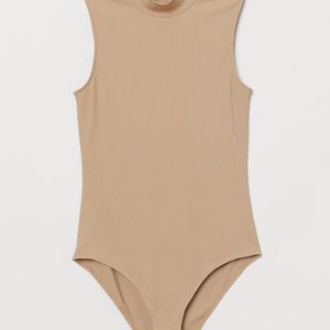 Beige ribbed bodysuit mock turtle neck